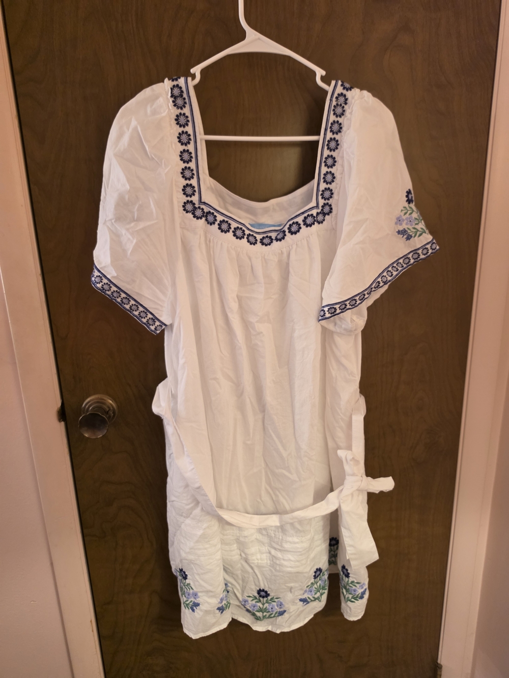 Draper James White Midi Dress with Blue Floral Embroidery-XL